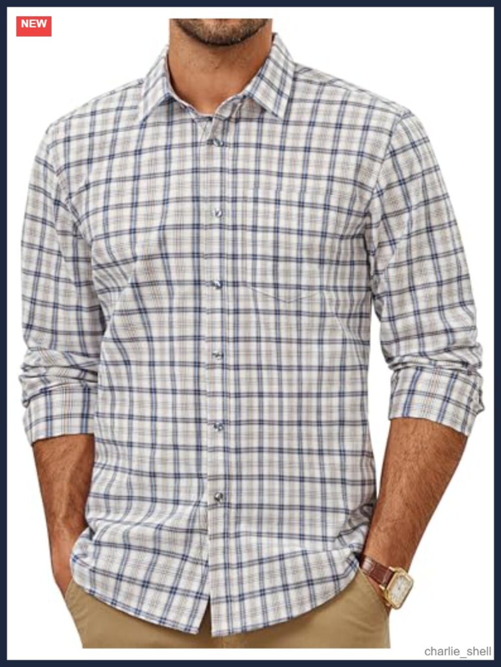 Mens Cotton Blend Plaid Button Down Shirt Long Sleeve Slim Fit